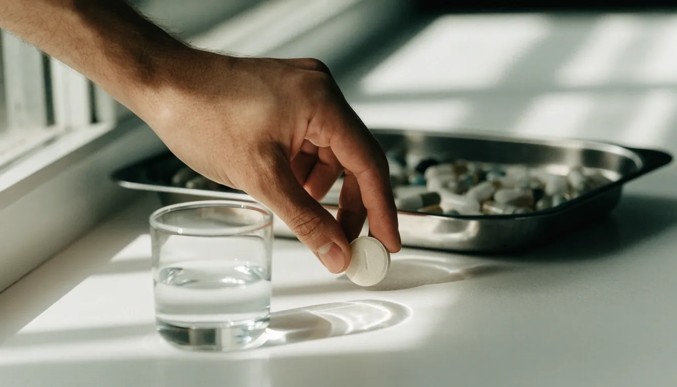 Halved tablets, a steel tray of capsule formats and a glass of water laid out on a pale table under hard midday light