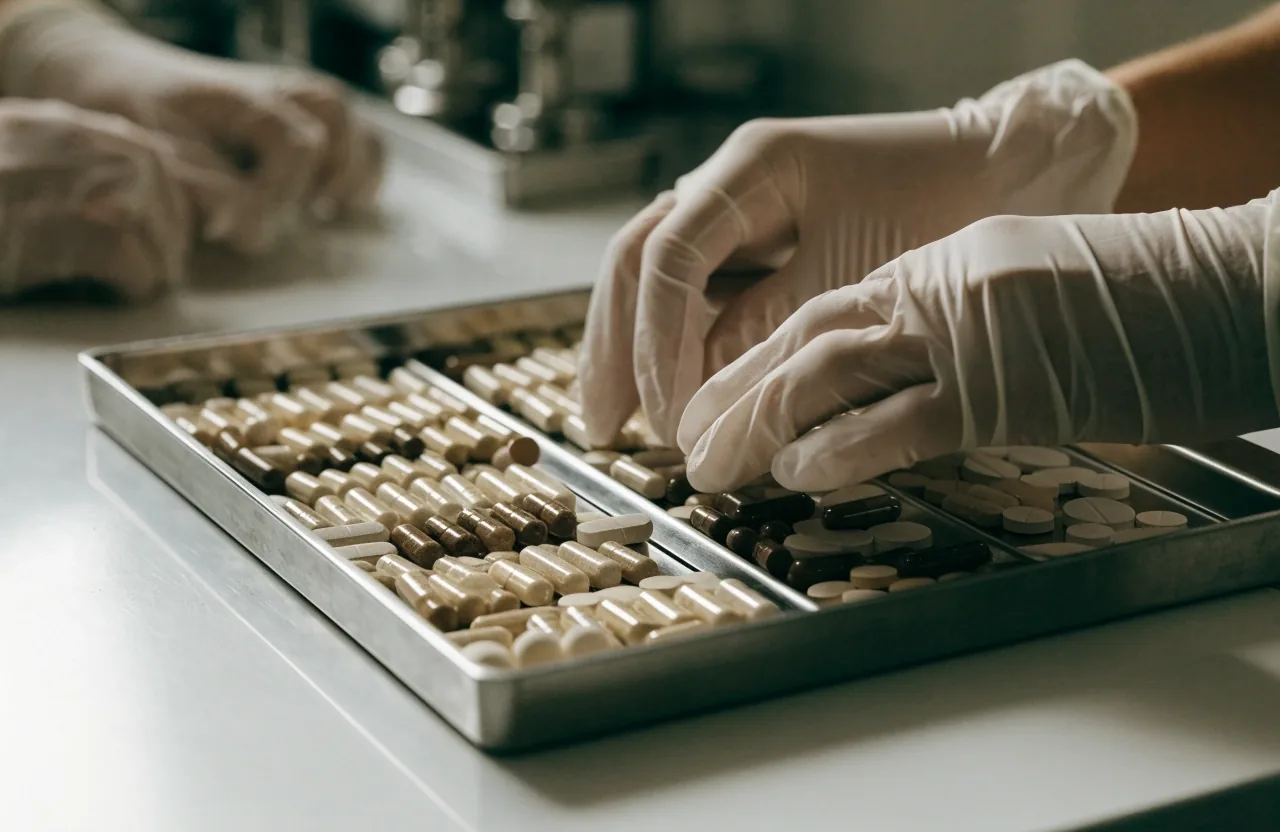 Mixed unbranded supplement formats arranged in rows inside a stainless sorting tray on white stock